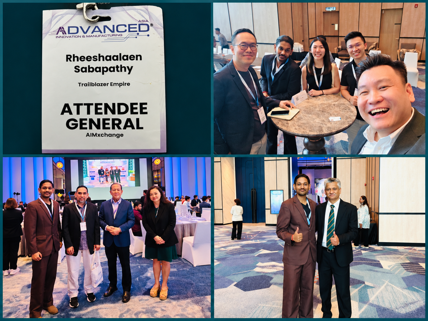 AIMxchange Conference collage showing Rheeshaalaen Sabapathy's attendee badge, networking, and conference photographs