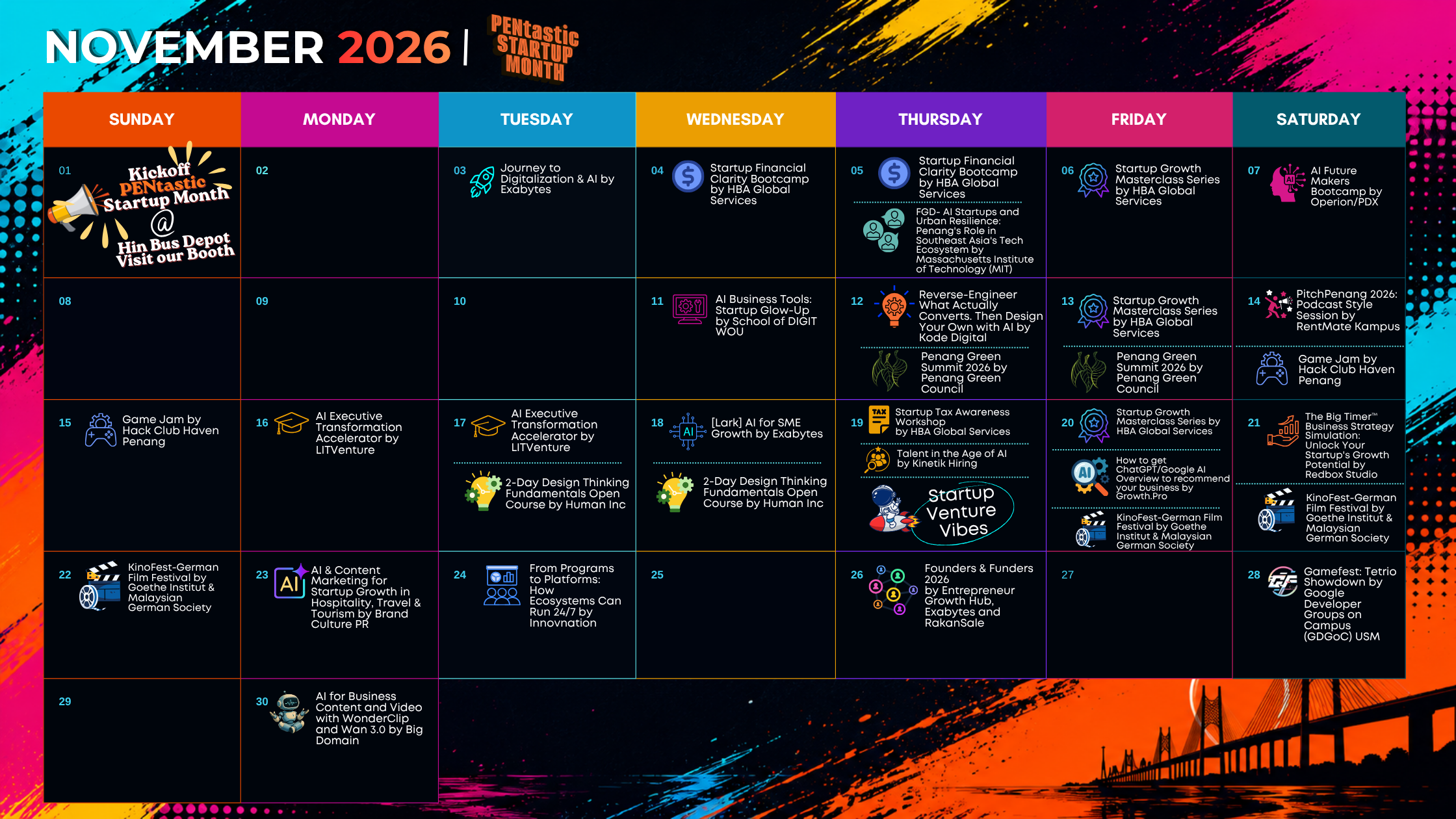 Pentastic Startup Month November 2026 programme calendar featuring startup, technology, talent, and entrepreneurship events in Penang