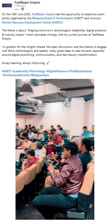 TrailBlazer Empire post about the MBOT and SHRDC event on 18 June 2025, including a photograph of attendees in discussion