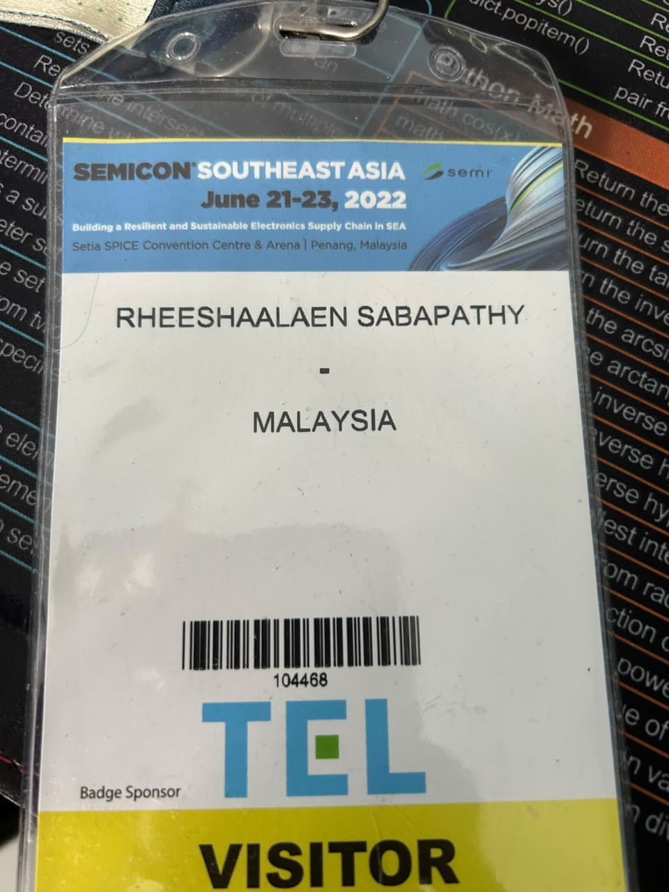 Rheeshaalaen Sabapathy's SEMICON Southeast Asia 2022 visitor badge