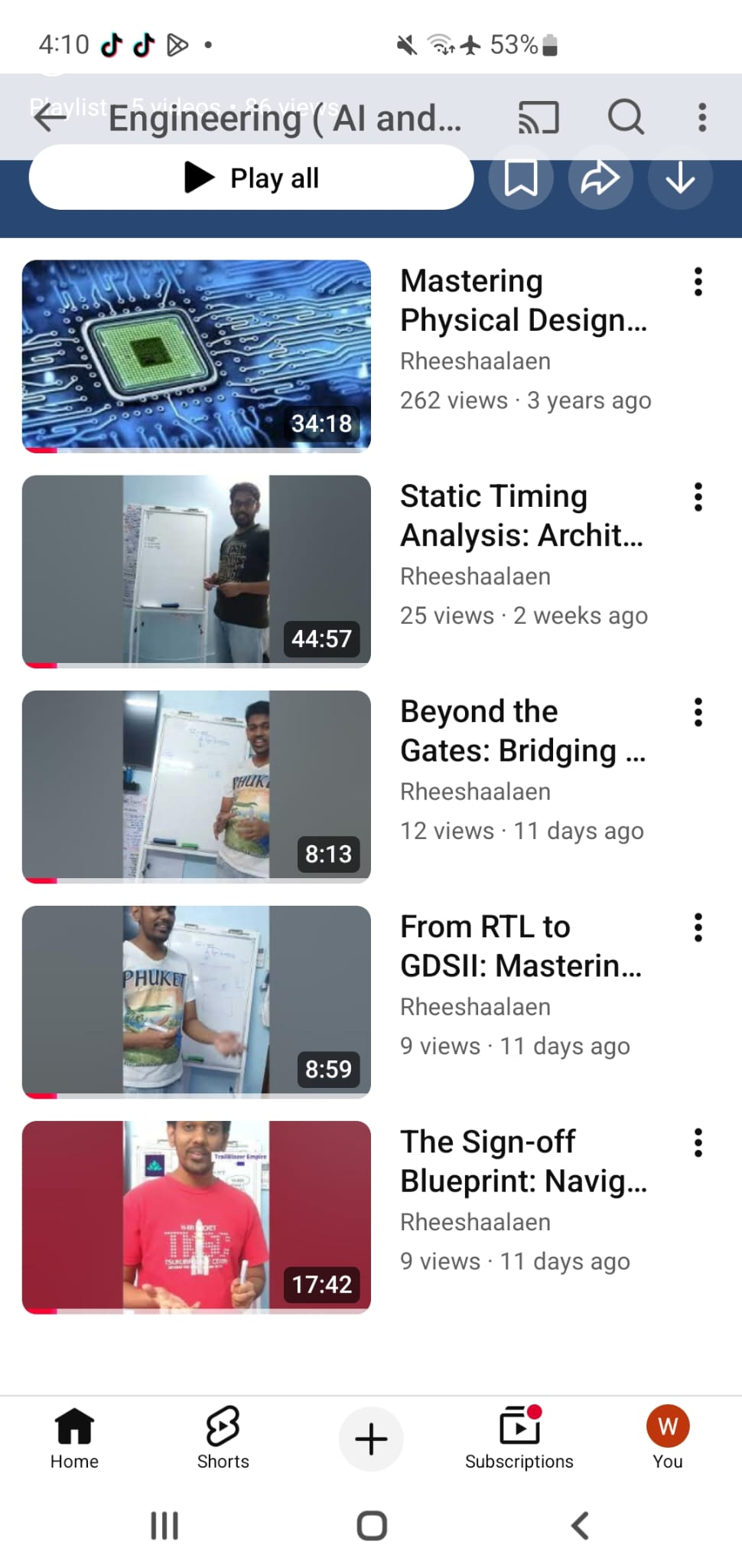Screenshot of a YouTube engineering playlist with semiconductor physical design and timing analysis videos